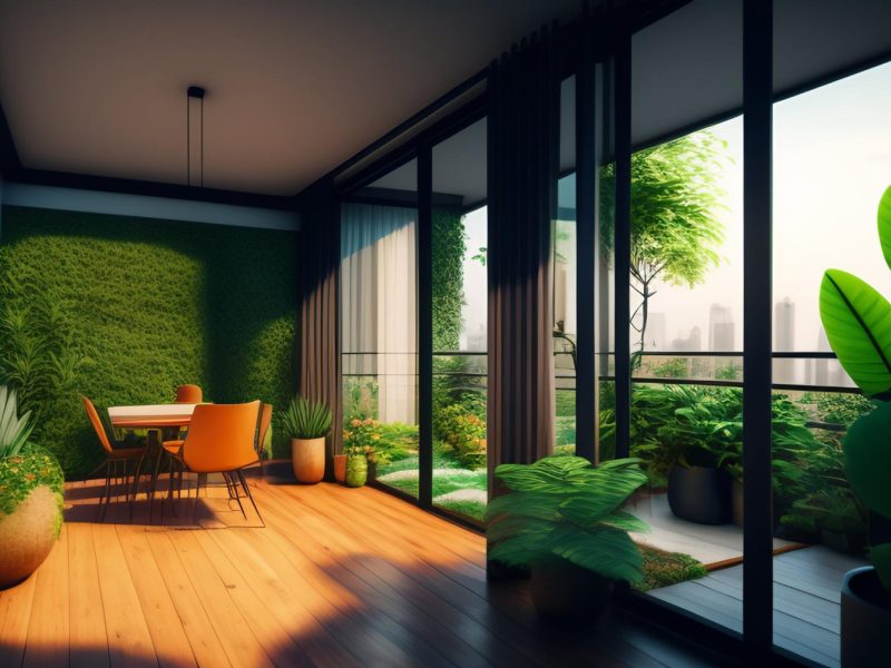 a-living-room-with-a-green-wall-and-a-table-with-orange-chairs-and-plants
